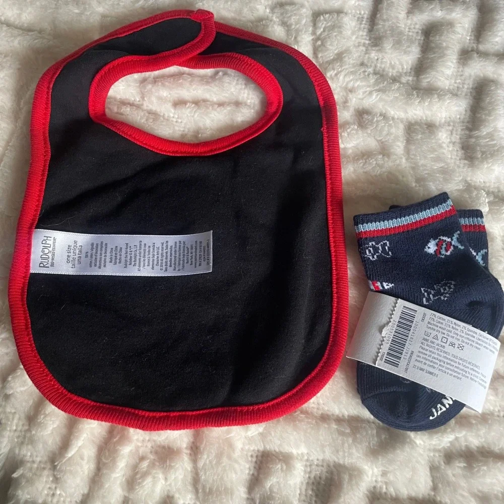 Rudolf Christmas baby bib Janie & Jack‎ cotton blend blue fish socks new